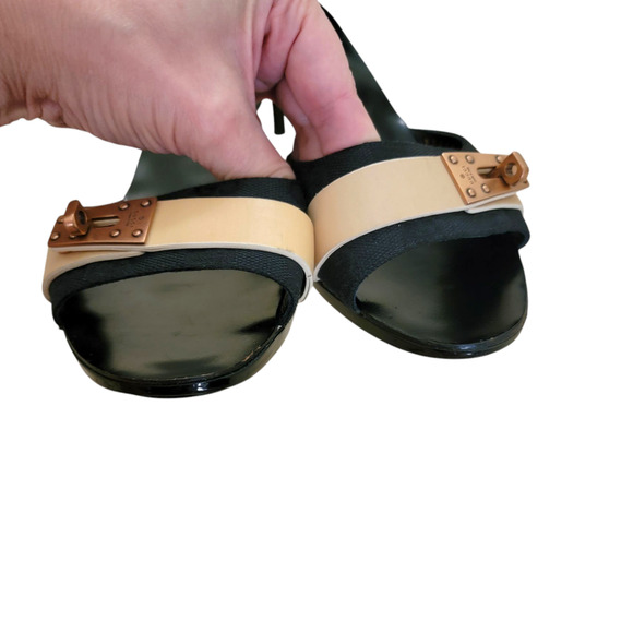 Gucci Black Beige Patent Leather GG Logo Turnlock Mule Heel Slides 37 US 7 - Picture 10 of 15